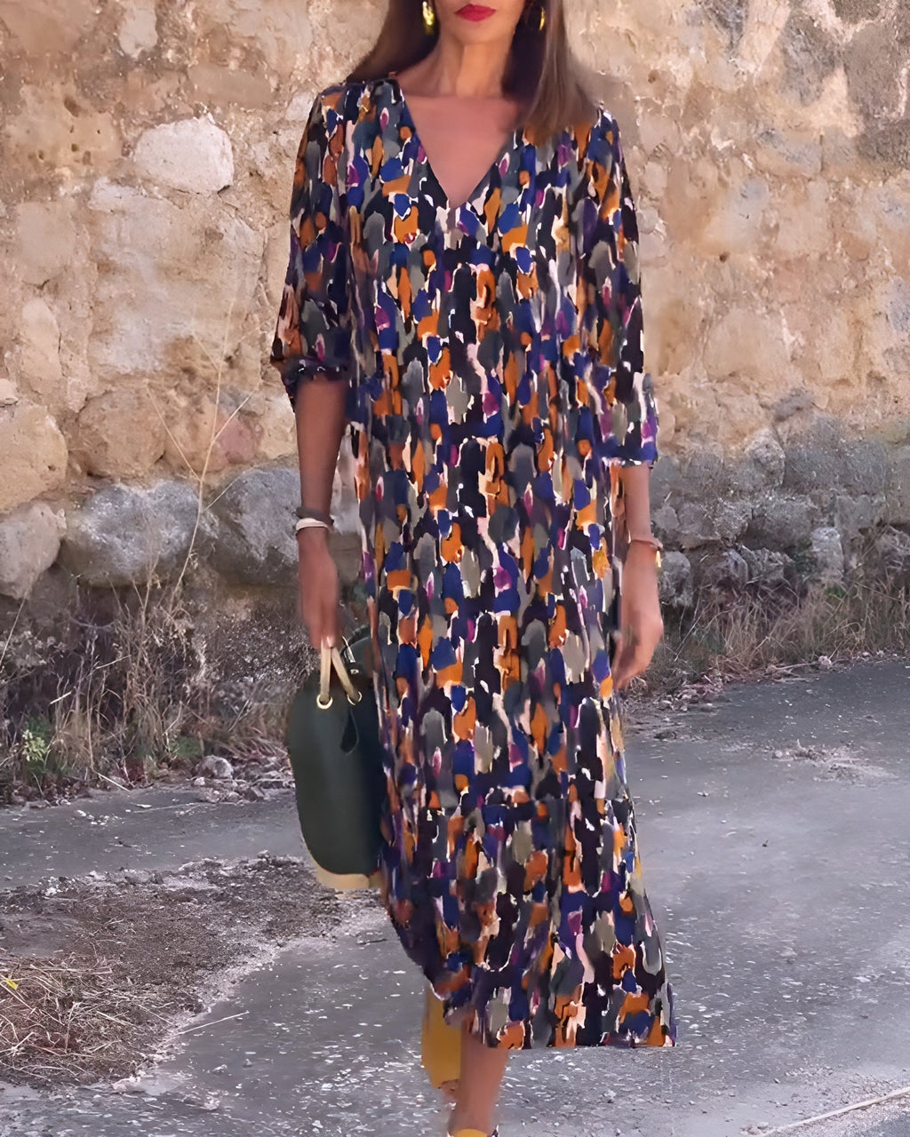 Nathalie | Retro Desenli V Yaka Elbise