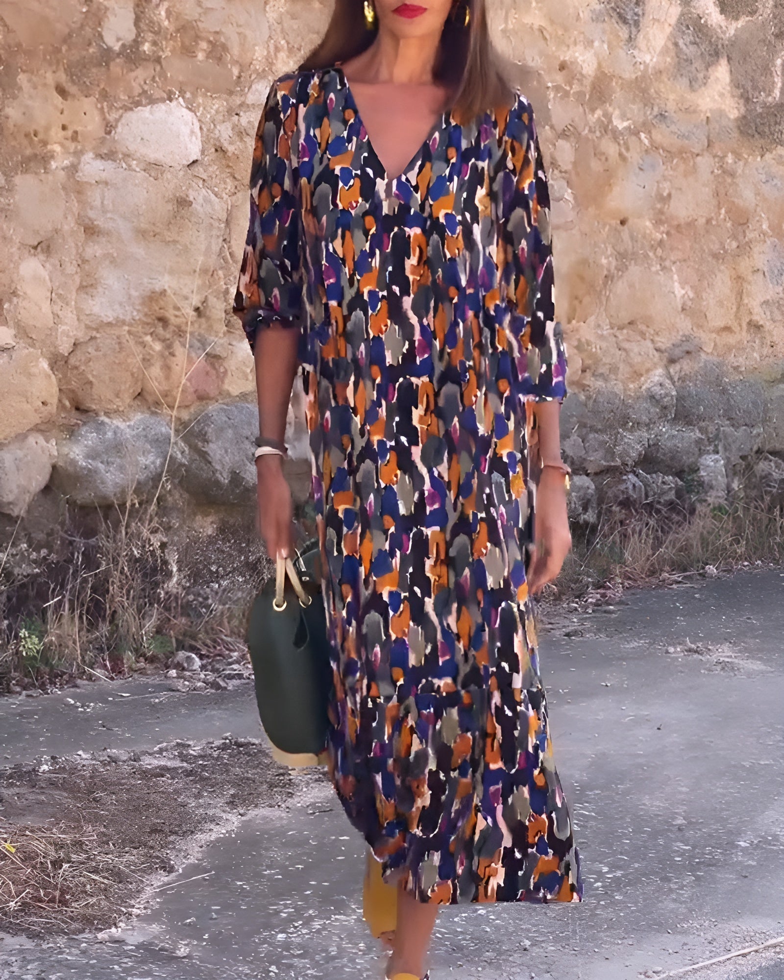 Nathalie | Retro Desenli V Yaka Elbise