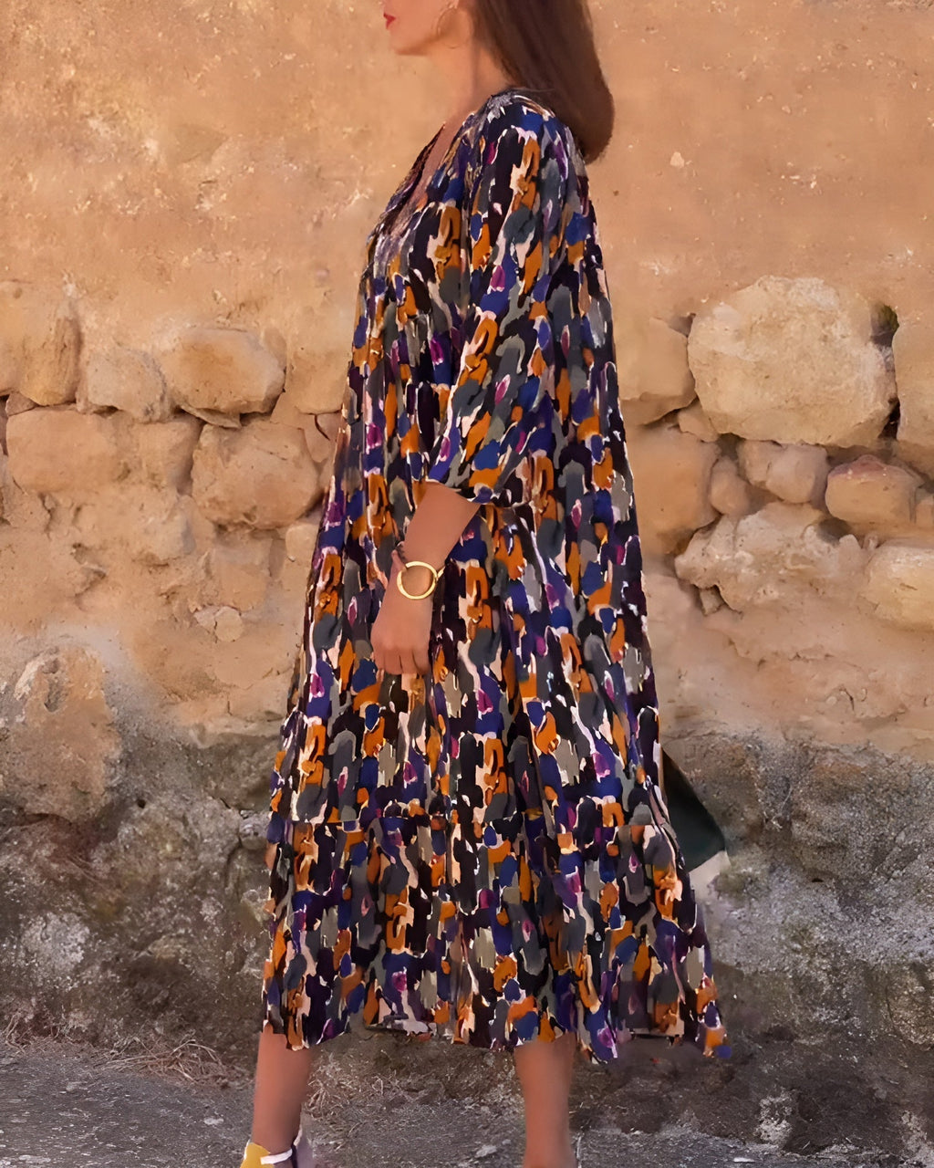 Nathalie | Retro Desenli V Yaka Elbise