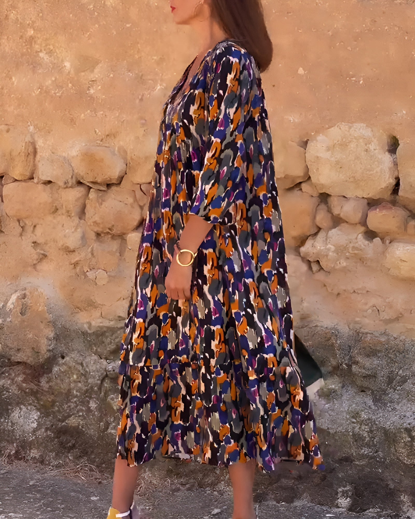 Nathalie | Retro Desenli V Yaka Elbise